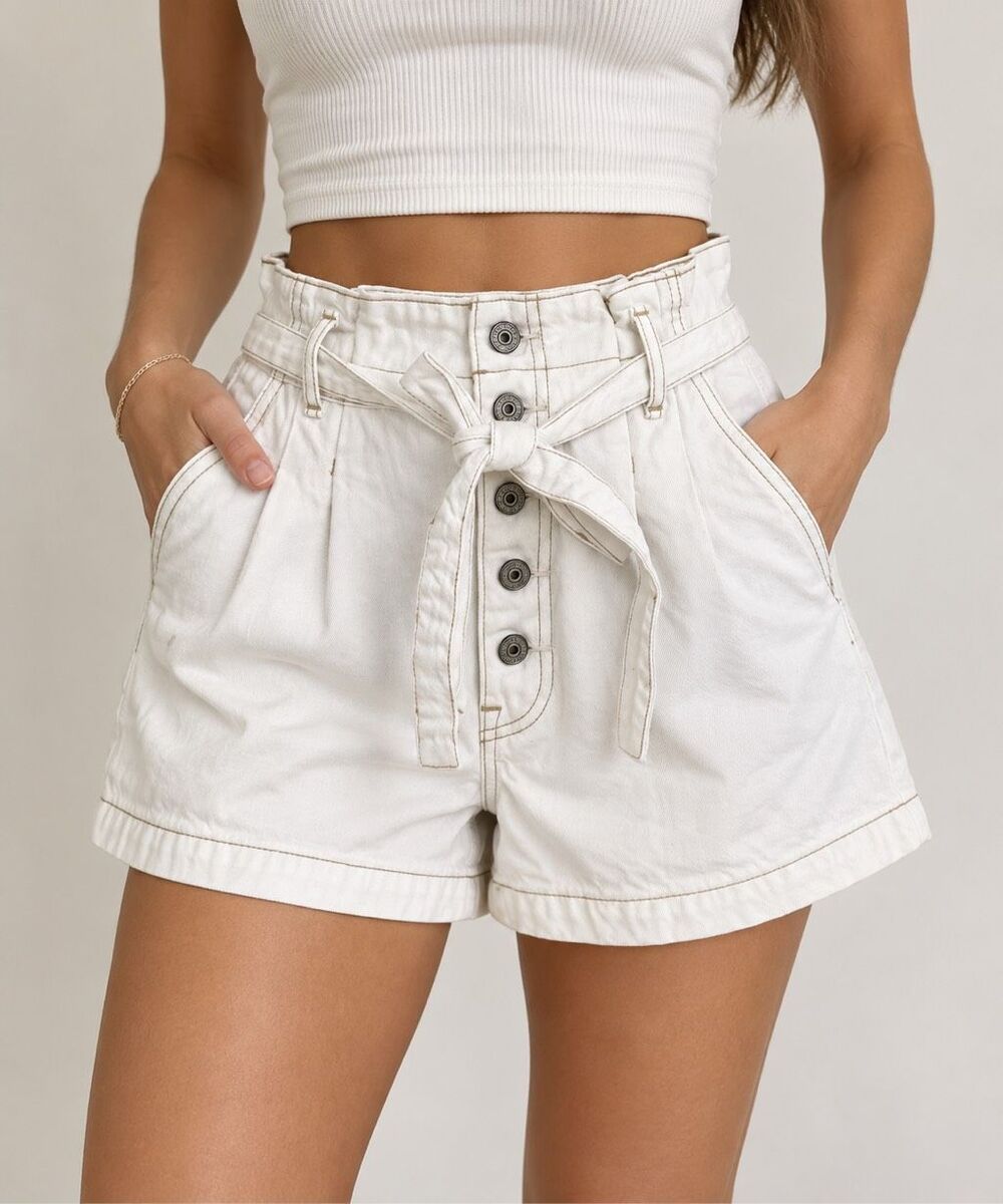 Abercrombie & Fitch Size 4 27 White Denim Paperbag Belted Shorts